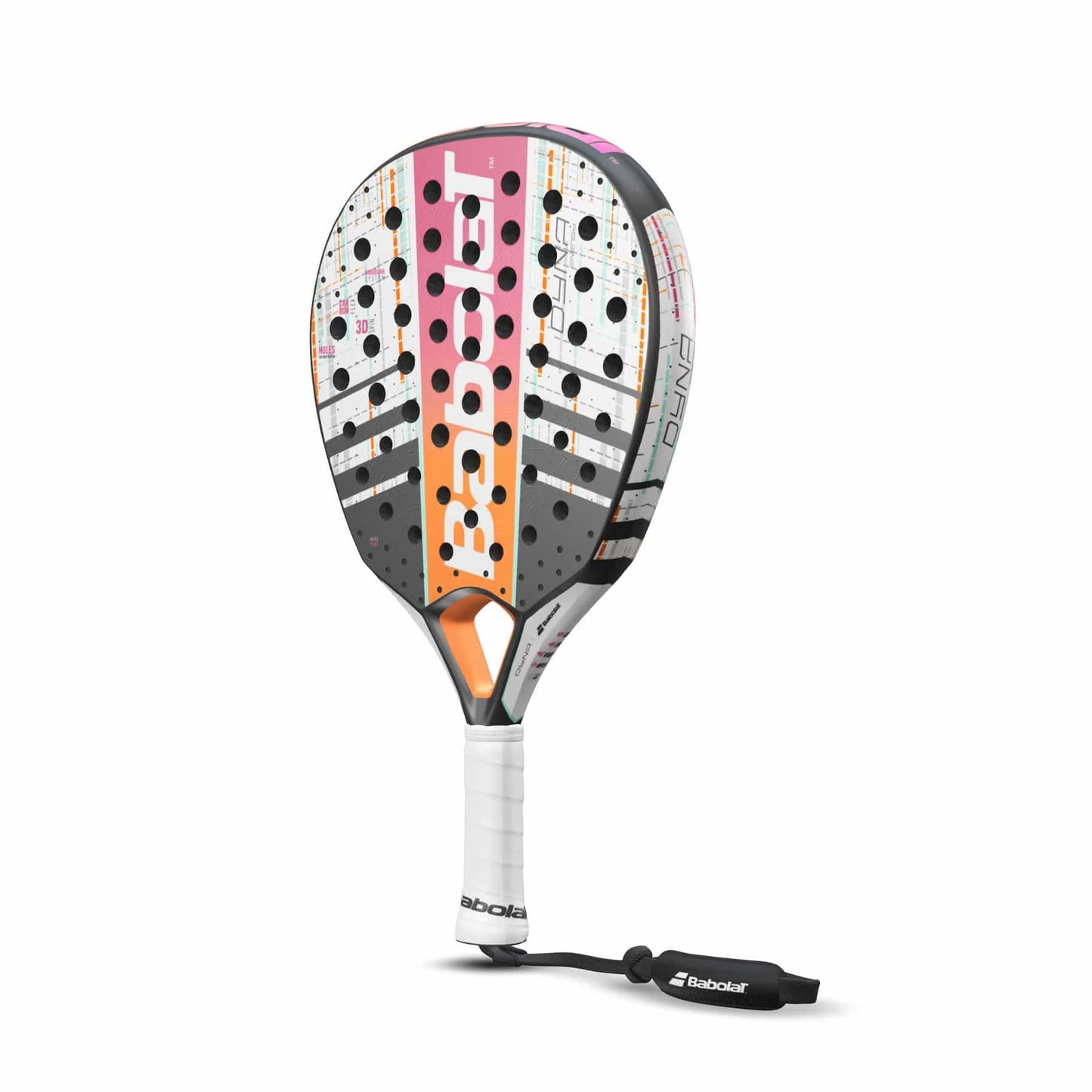 The Babolat Dyna Energy Padel Racket for women features a white grip, black edges, and a vibrant pink, orange, and white design. This lightweight racket includes multiple holes and a black wrist strap on the handle.