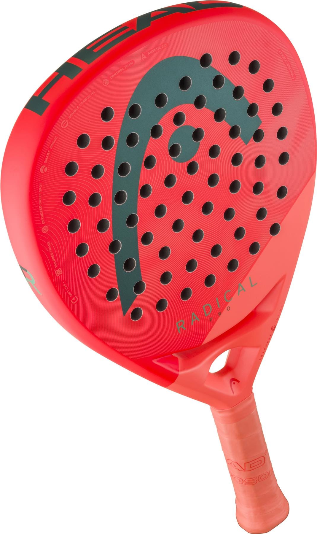 The HEAD Radical Pro 2026 Padel Racket by HEAD is an advanced, teardrop-shaped racket featuring a bright red design with black and dark red accents plus multiple small holes on the face for improved control and precision.