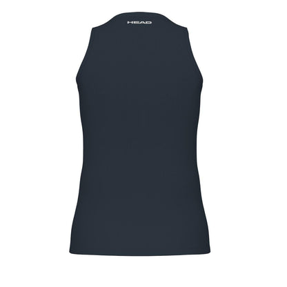 Here's a description of the HEAD Performance Women's Padel Tank Top - Navy: The back view features moisture transfer microfibre for improved comfort. This sleeveless dark navy tank top displays "HEAD" in small white letters at the top center near the neckline.