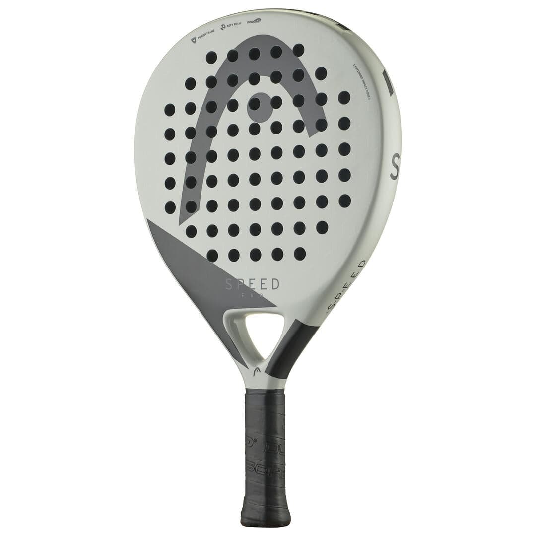 The HEAD EVO Speed 2025 Padel Racket features a white and gray teardrop-shaped face, black grip, large HEAD logo, round perforations, and "SPEED" printed near the center.