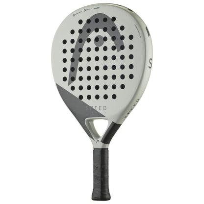 The HEAD EVO Speed 2025 Padel Racket features a white and gray teardrop-shaped face, black grip, large HEAD logo, round perforations, and "SPEED" printed near the center.