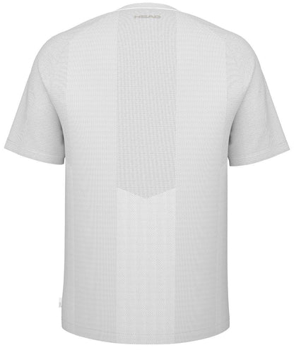 Back view of the HEAD Performance Men's Padel T-Shirt in white, featuring short sleeves and a subtle mesh pattern for breathability. Designed with moisture transfer microfiber technology, it has a small logo at the neck area.