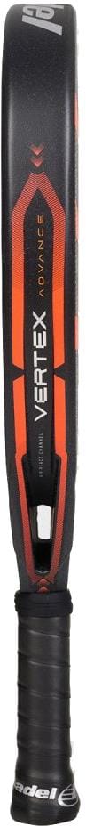 Close-up of the Bullpadel Vertex Advance 2026 Padel Racket, featuring a black and red design, wrapped black grip, and bold Bullpadel branding along the side.