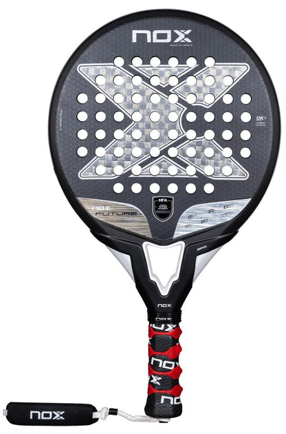 The NOX NFA Future Control 12K Alum Padel Racket features a bold X design, 12K carbon construction, circular face holes, and a red-black grip with wrist strap.