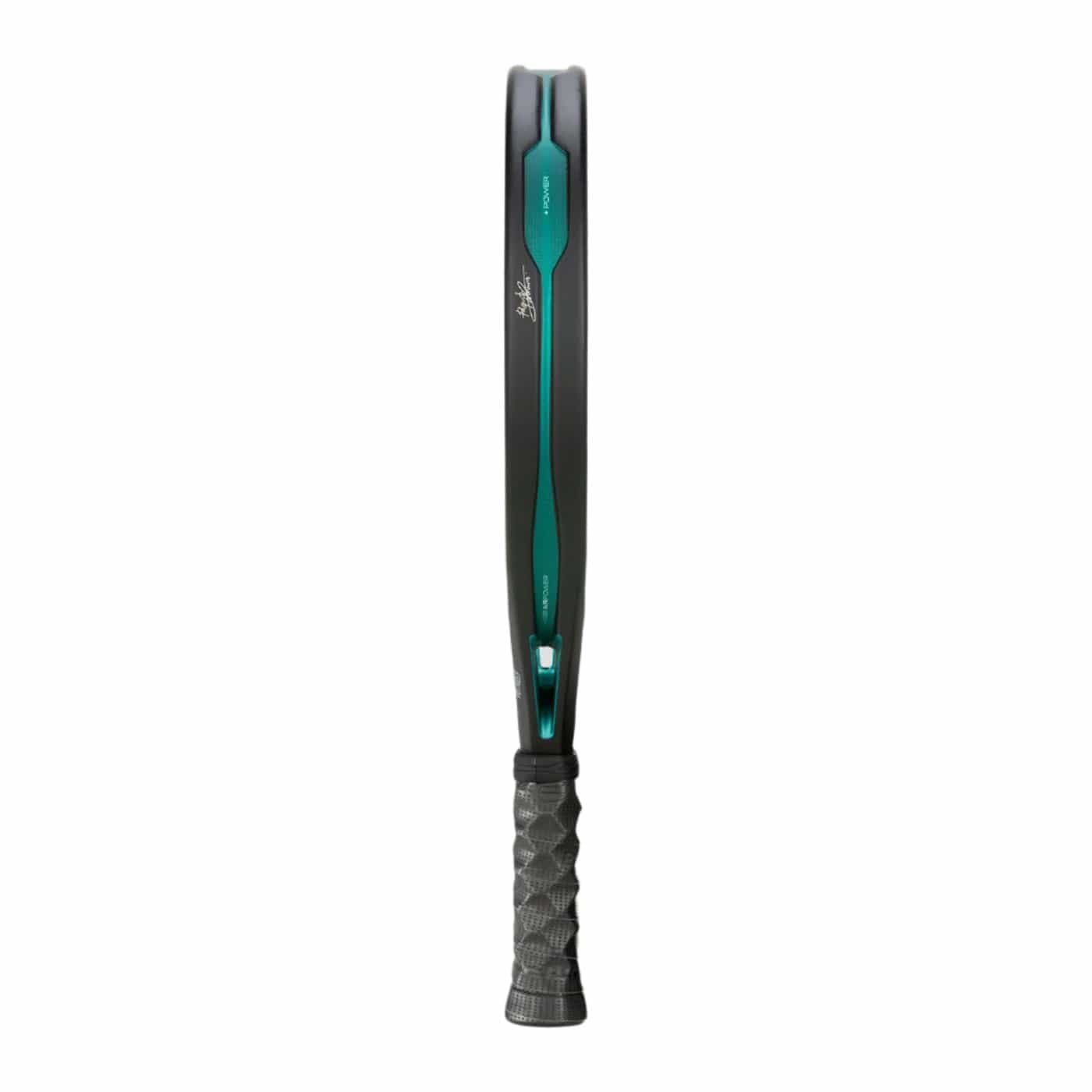 The Bullpadel Hack 04 Hybrid 2025 padel racket in black and teal is displayed vertically, emphasizing its slim profile and textured grip—perfect for advanced players seeking precision.