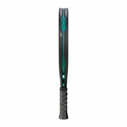 The Bullpadel Hack 04 Hybrid 2025 padel racket in black and teal is displayed vertically, emphasizing its slim profile and textured grip—perfect for advanced players seeking precision.