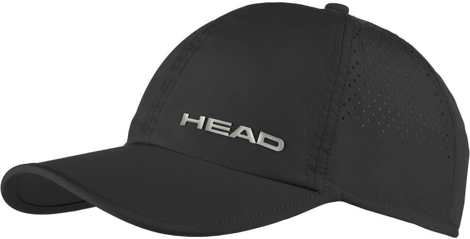 The HEAD Pro Player Padel Cap - Black features white HEAD branding on the front, side ventilation holes, a curved brim, and UV protection—ideal for outdoor play.