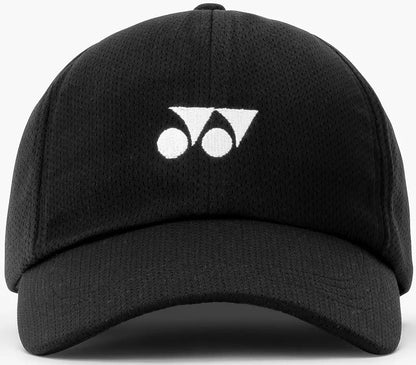 The Yonex 40125EX Padel Cap - Black features a white geometric logo on the front, lightweight breathable fabric, and an adjustable fit for comfort.