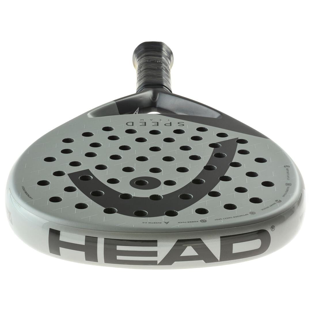 A close-up of the HEAD Speed Team 2025 Padel Racket shows its gray, perforated face with the HEAD logo, "SPEED" at the top, and "HEAD" on the edge. Featuring Auxetic 2.0 technology for enhanced power and control.