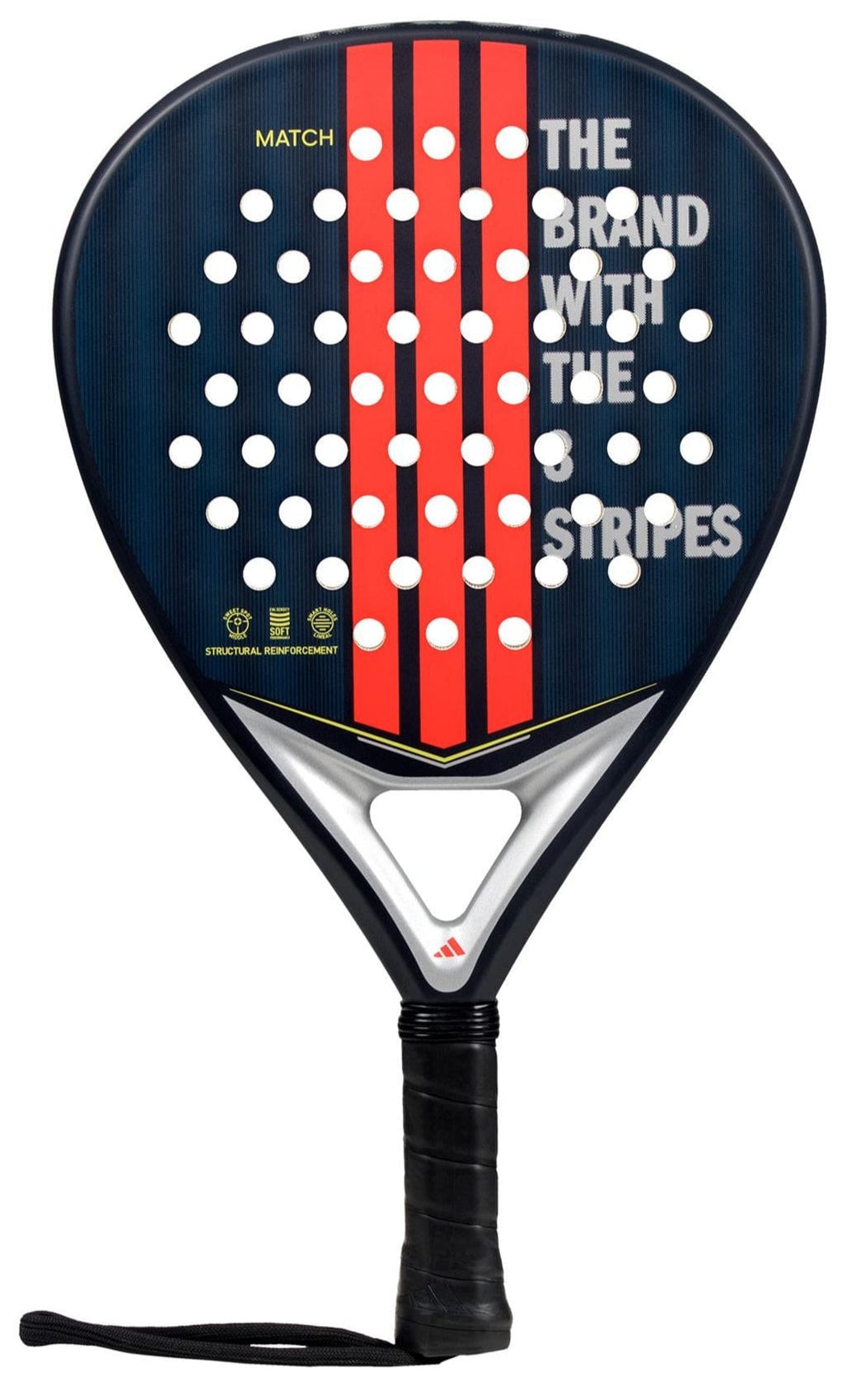 The adidas Match Blue 3.4 Padel Racket is black with red vertical stripes, Smart Holes Lineal, and a hybrid AllRound head shape. "THE BRAND WITH THE 3 STRIPES" appears in white on the right; the handle has black grip tape.