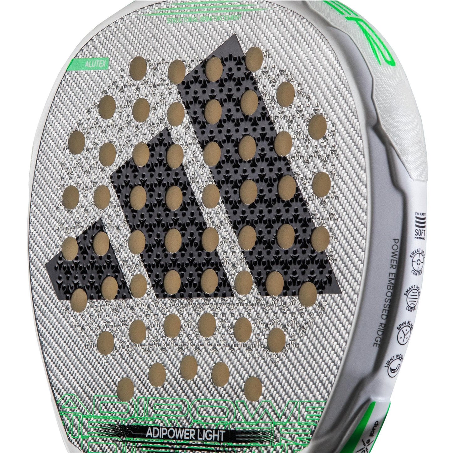Close-up of the adidas ADIDAS Adipower Light 3.3 Padel Racket—a lightweight silver, black, and green paddle with a dotted adidas logo on its textured surface—designed for players wanting greater control.