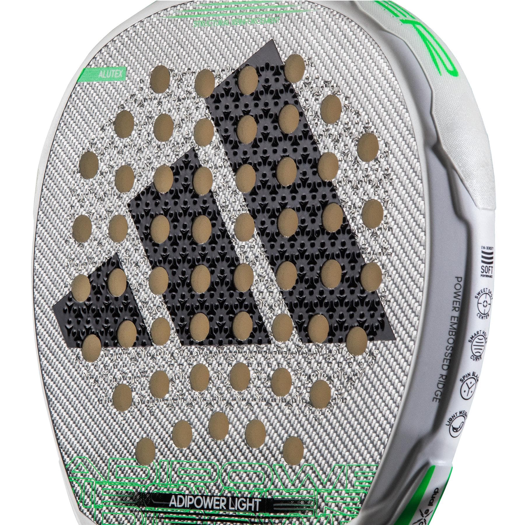 Close-up of the adidas ADIDAS Adipower Light 3.3 Padel Racket—a lightweight silver, black, and green paddle with a dotted adidas logo on its textured surface—designed for players wanting greater control.