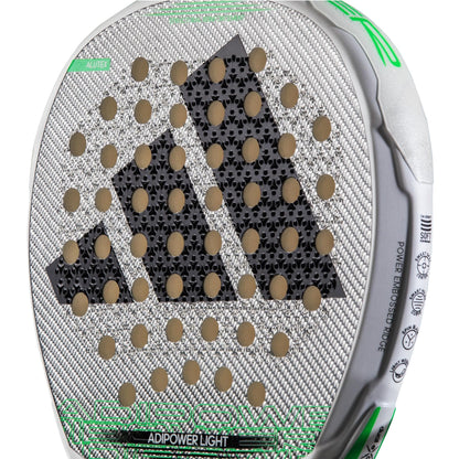 Close-up of the adidas ADIDAS Adipower Light 3.3 Padel Racket—a lightweight silver, black, and green paddle with a dotted adidas logo on its textured surface—designed for players wanting greater control.