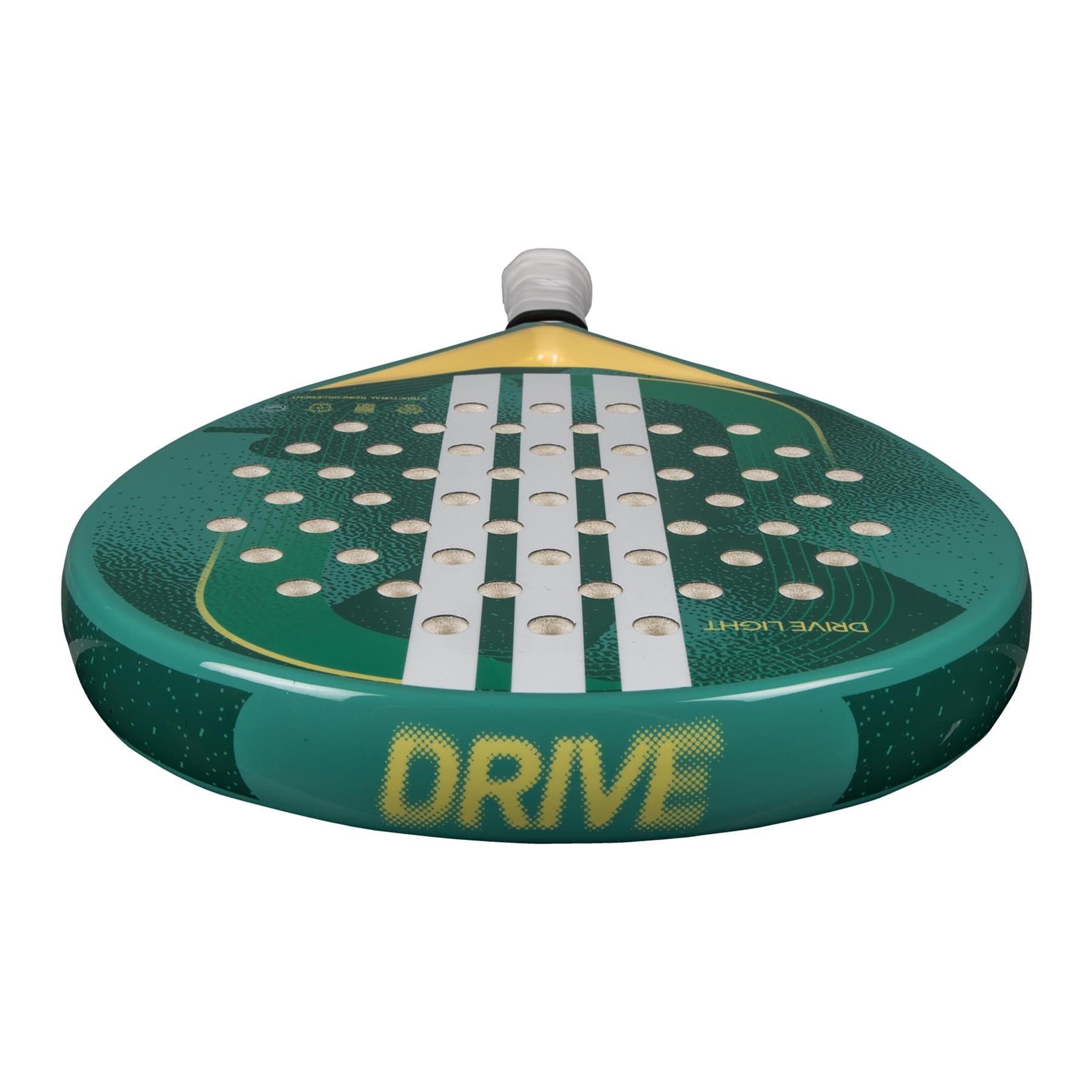 A close-up of the lightweight adidas Drive Light 3.4 Padel Racket, ideal for beginners, featuring surface holes, yellow “DRIVE” text on the side, and a white grip on the handle.