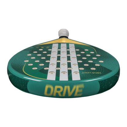 A close-up of the lightweight adidas Drive Light 3.4 Padel Racket, ideal for beginners, featuring surface holes, yellow “DRIVE” text on the side, and a white grip on the handle.