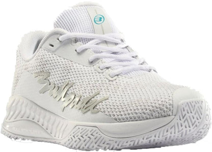 The Bullpadel Ionic W 26V Womens Padel Shoes in white have a mesh upper, white laces, textured sole, silver branding on the side, and a blue circular logo on the tongue for a sporty look.