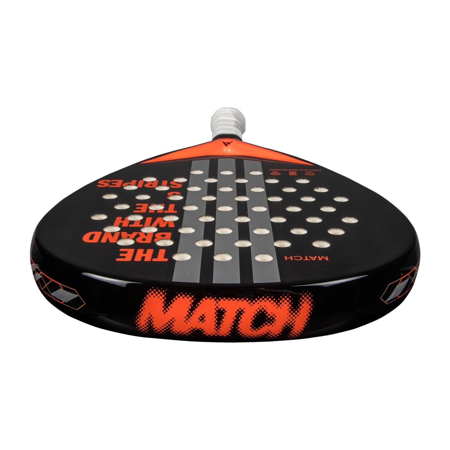 The adidas Match Black 3.4 Padel Racket features a black and orange design with circular holes, and "MATCH" plus "THE BRAND WITH THE 3 STRIPES" printed in orange and white—ideal for beginners seeking a quality padel racket.