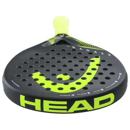 The HEAD Zephyr UL 2023 Padel Racket features a black and yellow design, perforated face, yellow grip, and large "HEAD" branding—engineered with advanced Graphene 360+ technology for enhanced performance.