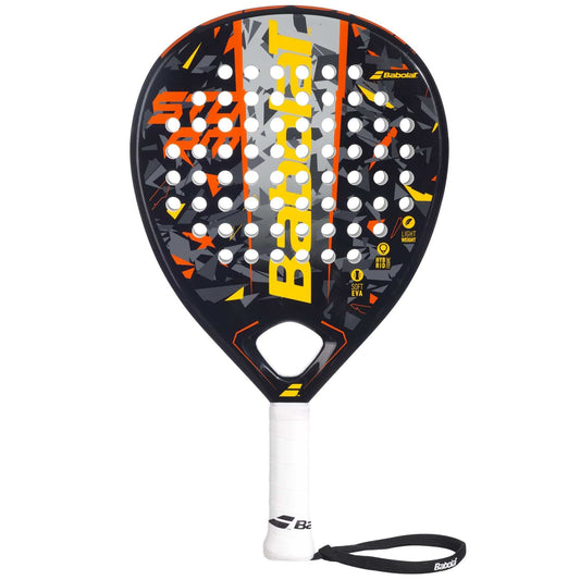 The Babolat Storm Padel Racket features a black and orange design with a white grip and wrist strap, teardrop shape, geometric pattern, round holes, and yellow-orange branding—ideal for beginners.