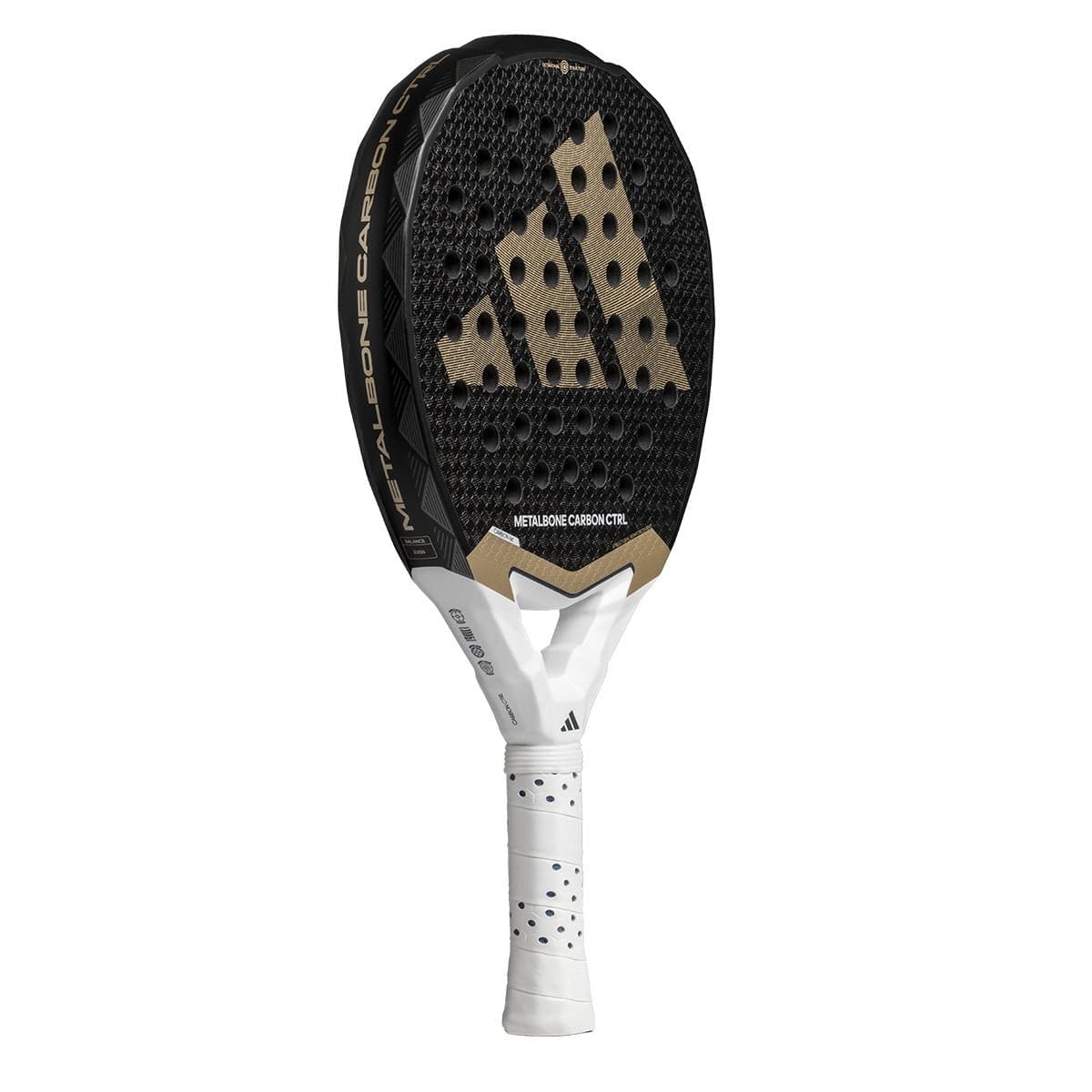 The adidas Metalbone Carbon CTRL 3.4 Padel Racket features a black and gold design, white grip, textured surface, and prominent adidas logo—ideal for advanced players seeking top performance.
