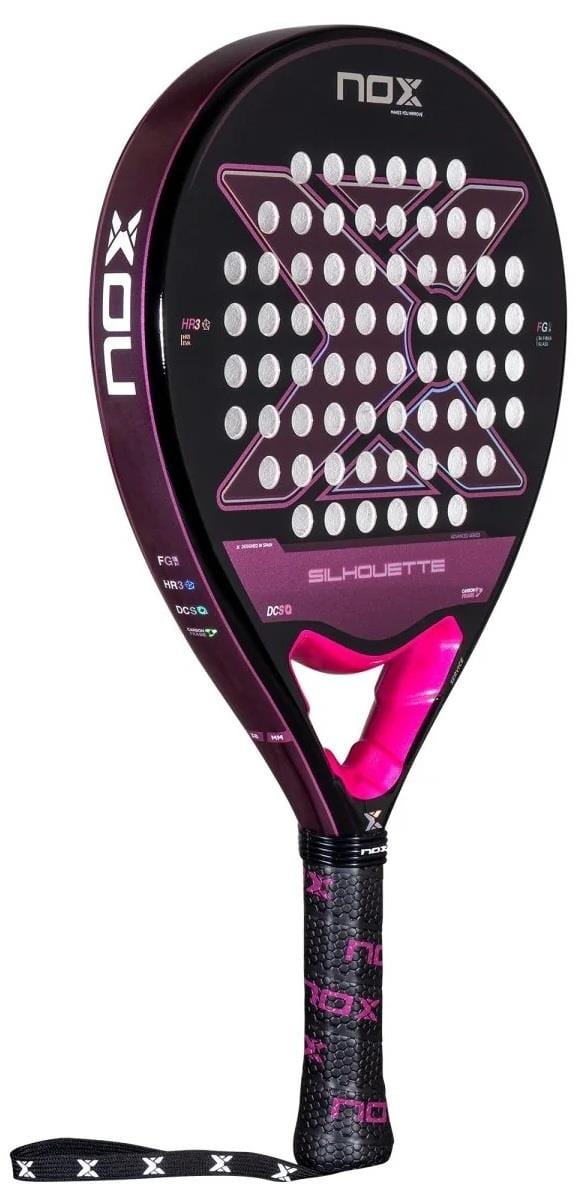 The NOX X-One Silhouette Advance Series padel racket features a black and purple design with white circular holes, a pink X on the face, and a black handle wrapped with pink grip tape—ideal for beginners and intermediates.