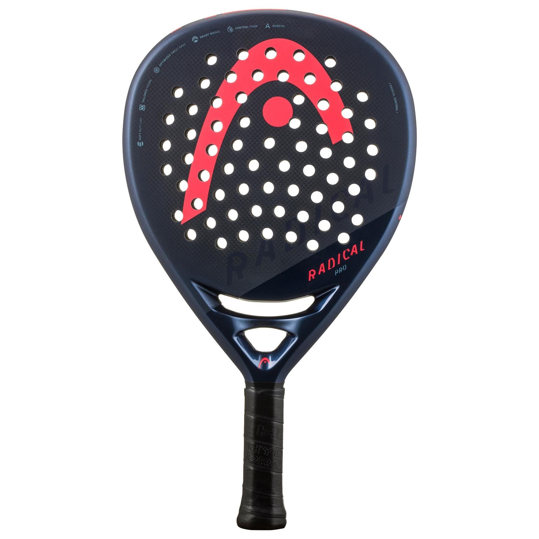 The HEAD Radical Pro 2024 Padel Racket features a blue and black design with red and white accents, Auxetic technology, a large red logo, round holes on the head, and "RADICAL" printed in red near the throat.