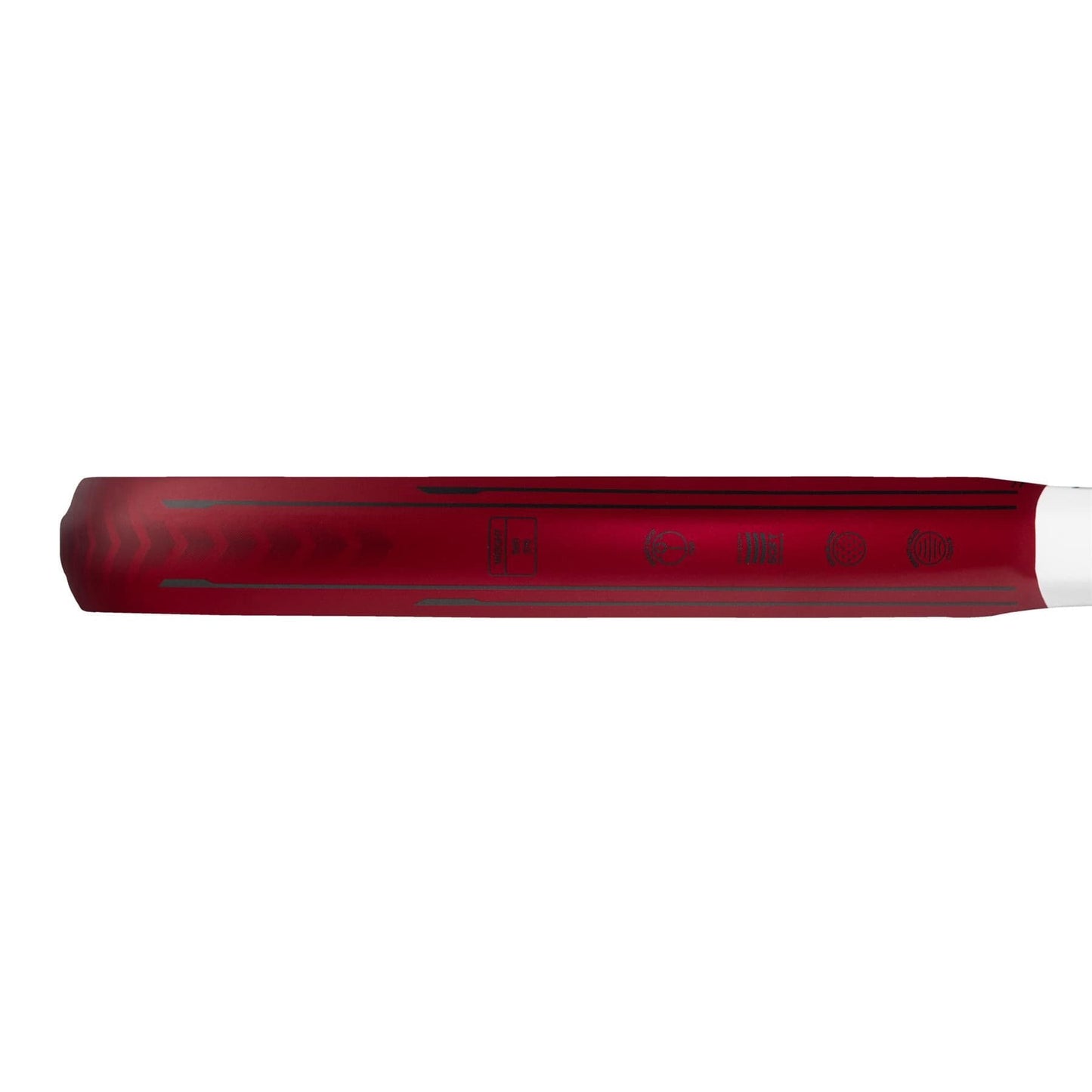 A close-up side view of a red handle, likely from the adidas ADIDAS Metalbone Team 3.3 Padel Racket, featuring faintly visible symbols and text along its surface.