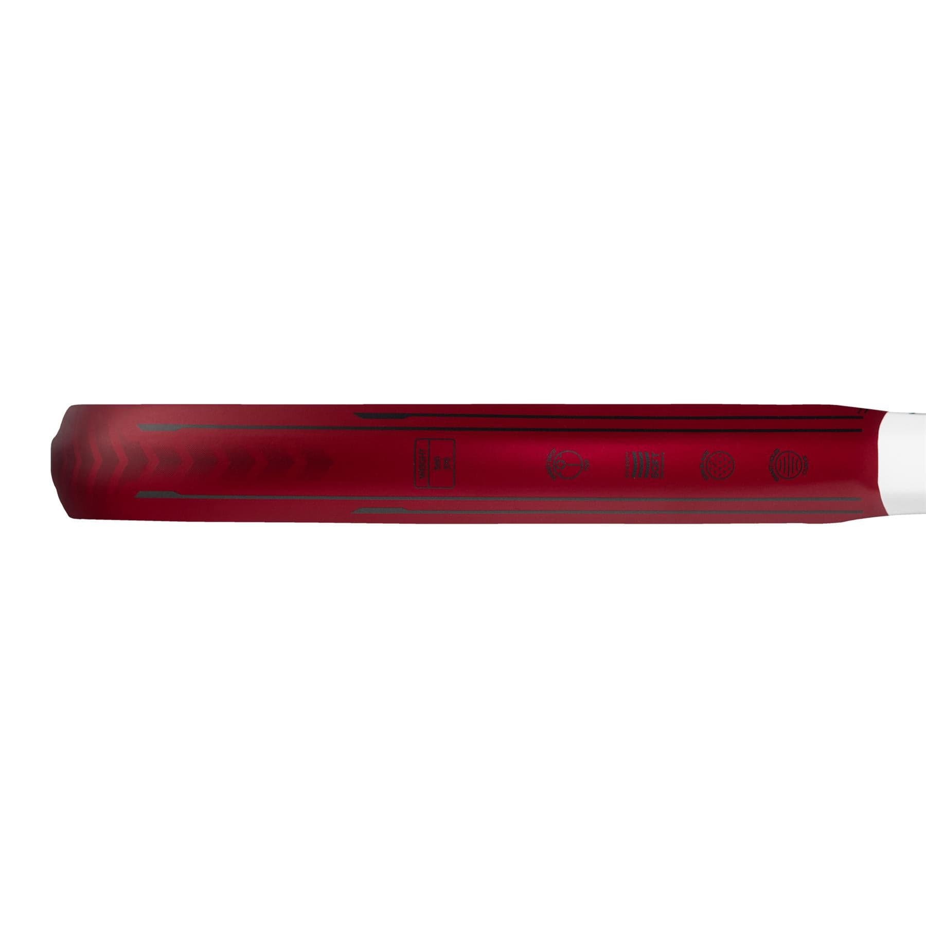A close-up side view of a red handle, likely from the adidas ADIDAS Metalbone Team 3.3 Padel Racket, featuring faintly visible symbols and text along its surface.