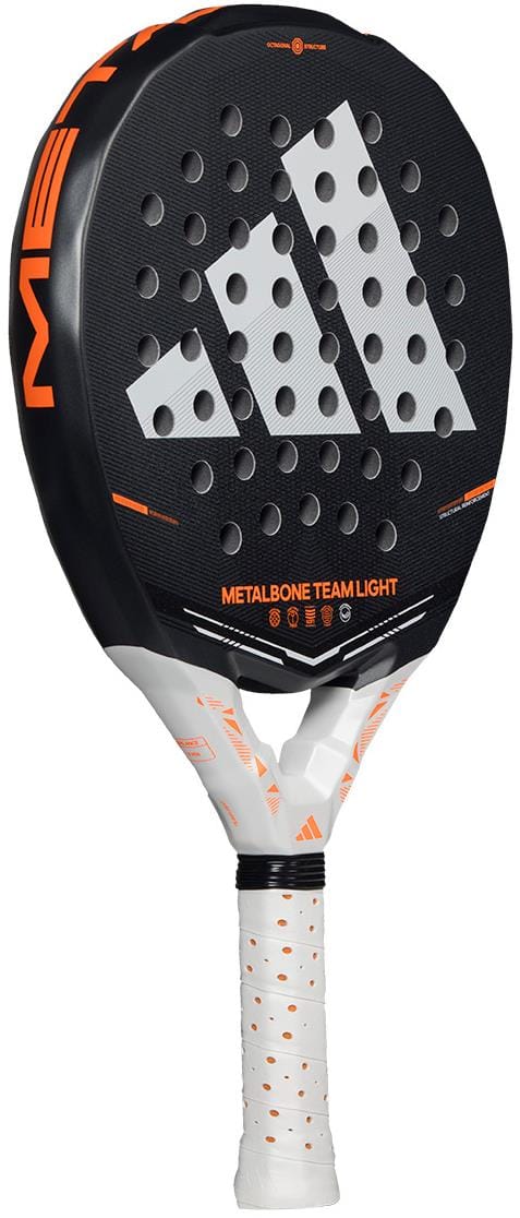The ADIDAS Metalbone Team Light 2026 Padel Racket by adidas is black with orange accents, a white grip, and a bold white Adidas logo. Designed for advanced players, it features circular holes across the face for better performance.