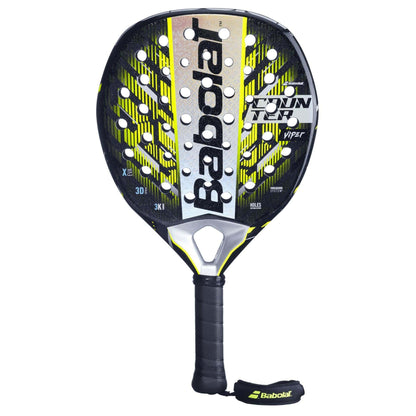 The Babolat Counter Viper 2.5 Padel Racket, in black and yellow with a perforated surface, textured grip, and branded wrist strap, is designed for counter strikers and shown upright against a white background.