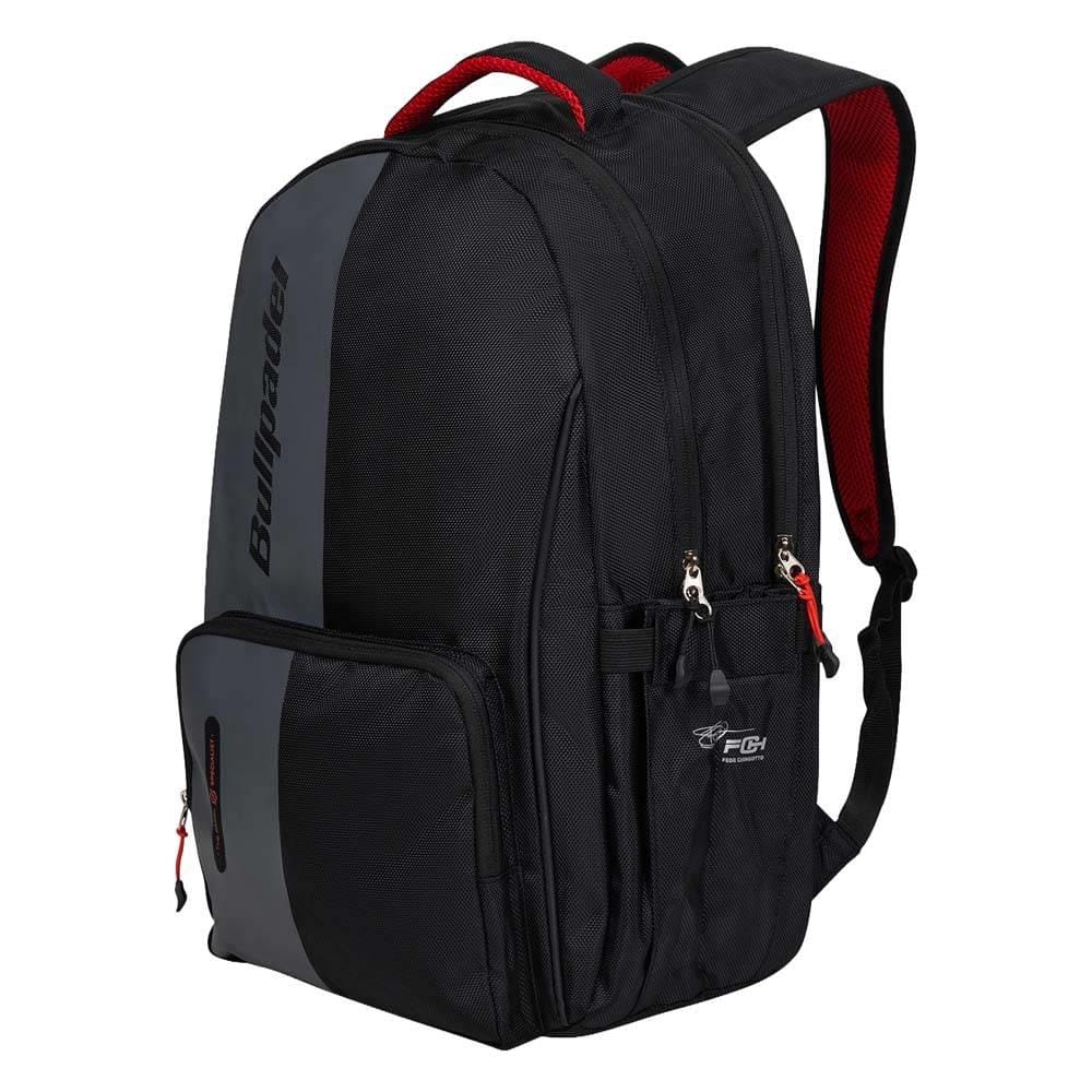 The Bullpadel BPM26020 Neuron Padel Backpack in black features gray accents, red interior lining, multiple zippered compartments, padded shoulder straps, and prominent Bullpadel logos—perfect for padel enthusiasts.