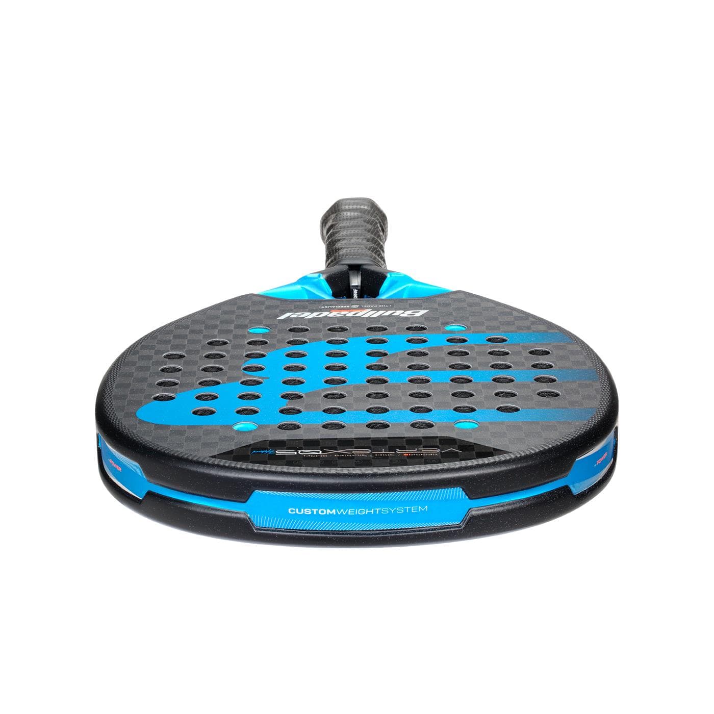 The Bullpadel Vertex 05 Hybrid 2026 Padel Racket by Bullpadel features a black and blue perforated carbon fiber face, a textured grip handle, and a hybrid shape, shown from the head end on a white background.