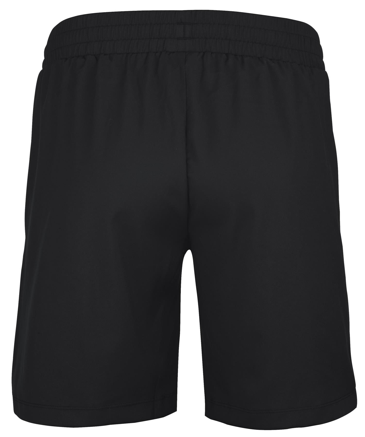 Viewed from the back, the Babolat Play Men's Padel Shorts in black feature an elastic waistband. Crafted from recycled polyester fabric, these shorts provide a smooth and lightweight feel, with 360 Motion technology for optimal flexibility, making them ideal for both sports and casual wear.