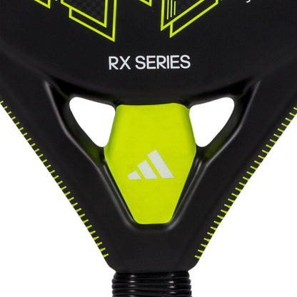 Close-up of the adidas RX Series Lime Padel Racket in black and neon yellow, displaying the adidas logo and "RX Series" above the handle—perfect for beginner to intermediate players seeking quality and style.