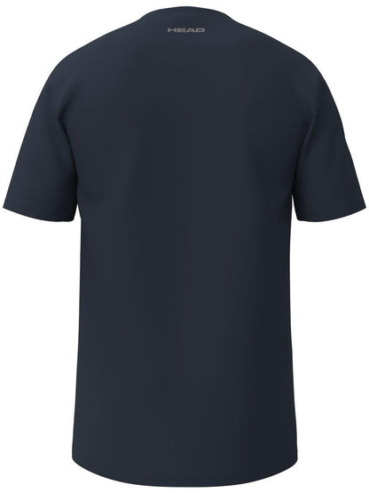 The image shows the HEAD Simple Mens Padel T-Shirt in navy with short sleeves, featuring a small branded logo near the neckline on the back. Made from polyester interlock, it provides comfort and style.