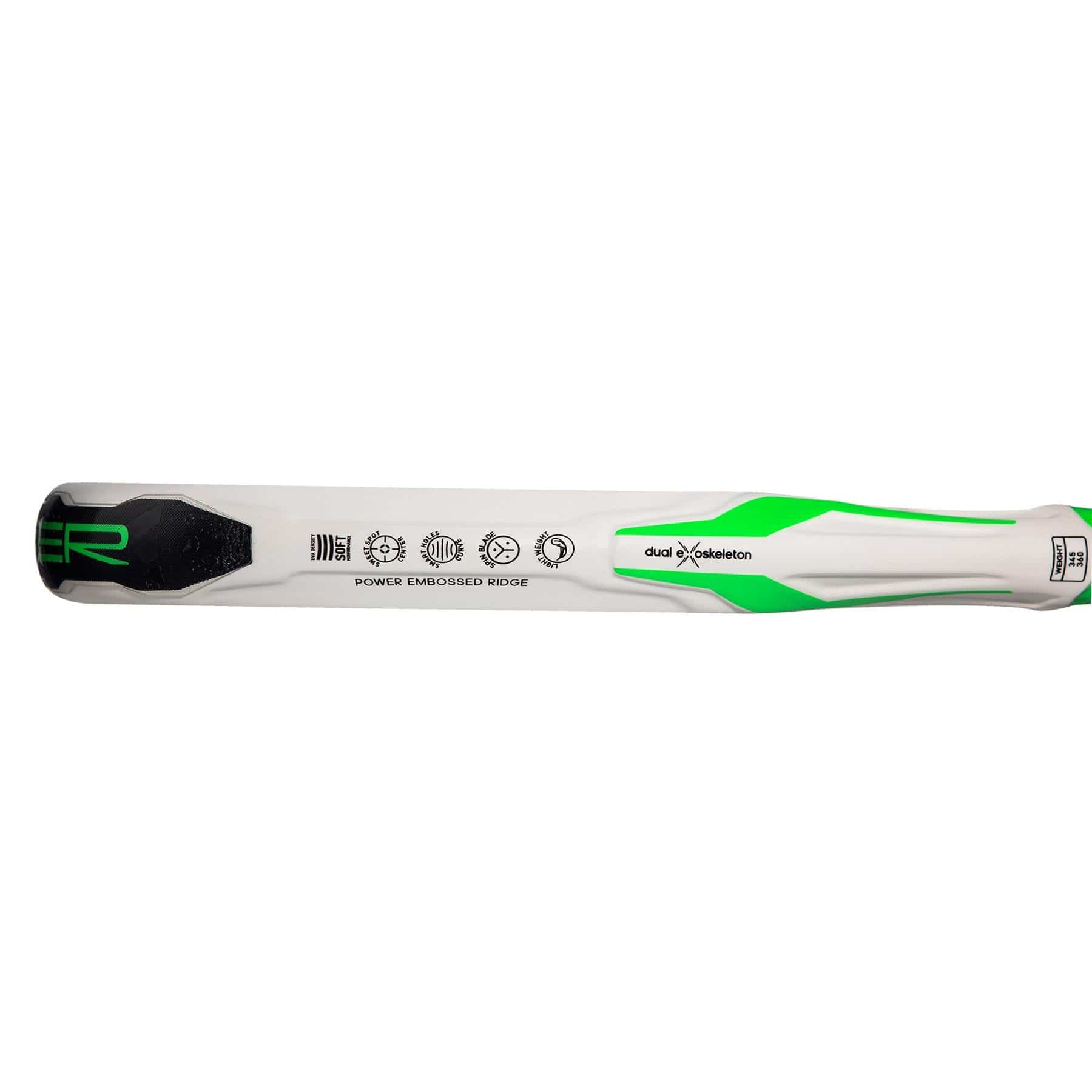 Close-up of a white cricket bat handle with green and black accents, featuring logos like "dual X skeleton"—its precision rivals the adidas Adipower Team Light 3.3 Padel Racket's lightweight feel.