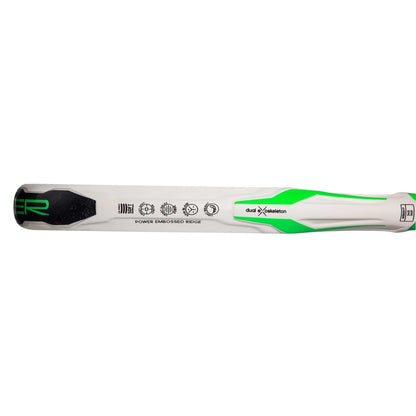 Close-up of a white cricket bat handle with green and black accents, featuring logos like "dual X skeleton"—its precision rivals the adidas Adipower Team Light 3.3 Padel Racket's lightweight feel.
