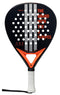 The adidas Match Black 3.4 Padel Racket features a black design with white holes, orange accents, bold orange "THE BRAND WITH THE 3 STRIPES" text, white grip tape, and a black wrist strap—ideal for beginner padel players.