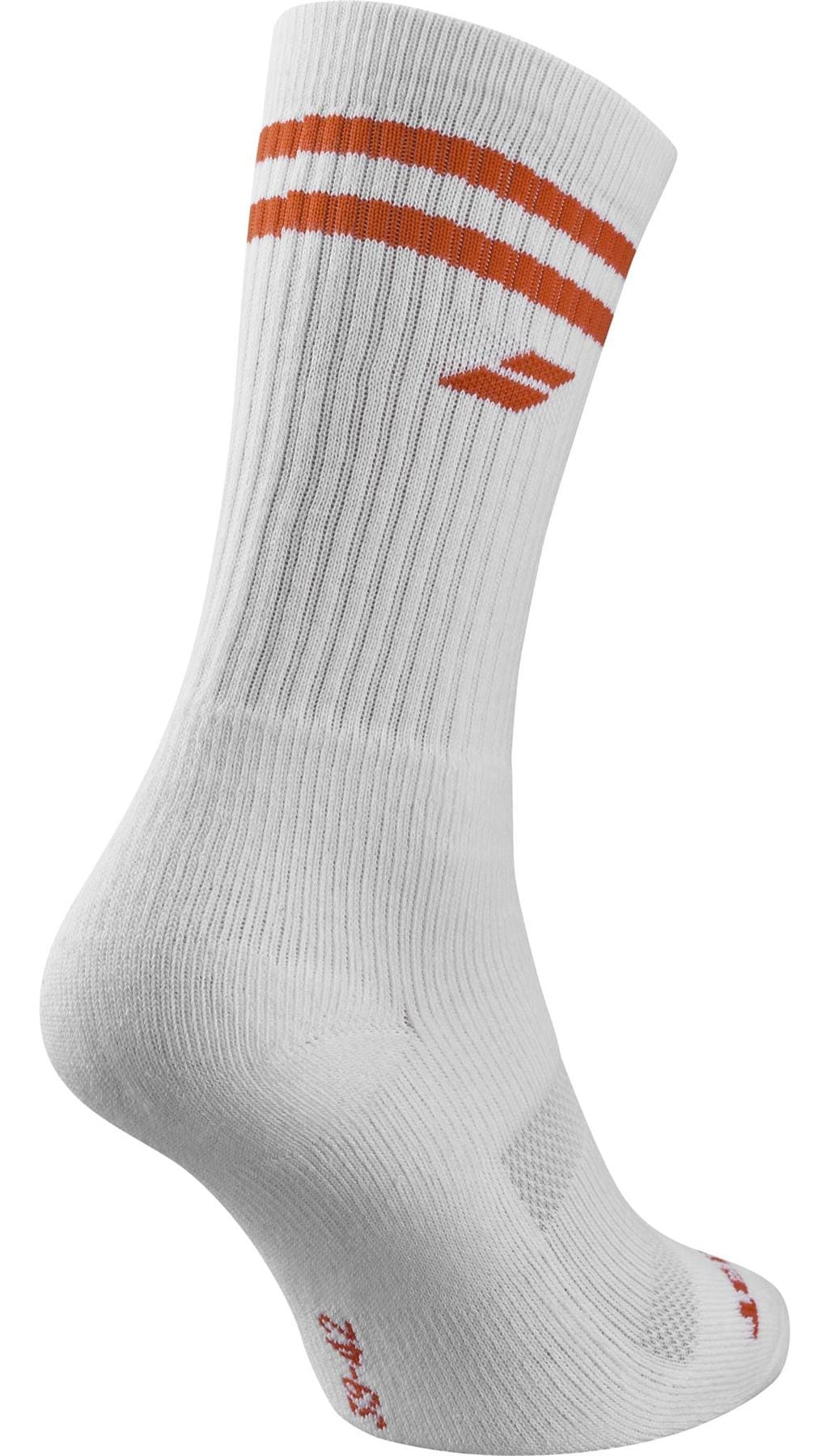 The Babolat Team Single Padel Sock in white with cherry tomato accents features two orange stripes and a small logo near the top. Ribbed, breathable, and comfortable, it’s ideal for mid-calf sportswear.
