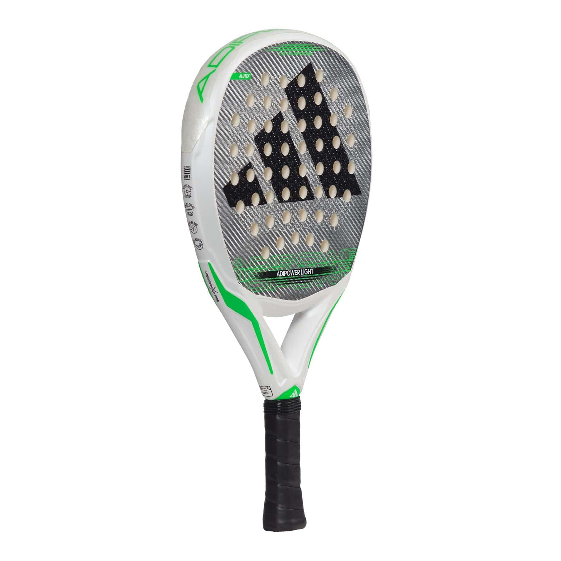 The adidas Adipower Light 3.3 Padel Racket is lightweight, features a white and green design with a black grip, offers excellent control, and displays a large adidas logo on its perforated face.