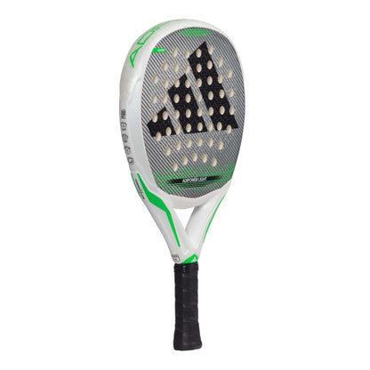 The adidas Adipower Light 3.3 Padel Racket is lightweight, features a white and green design with a black grip, offers excellent control, and displays a large adidas logo on its perforated face.