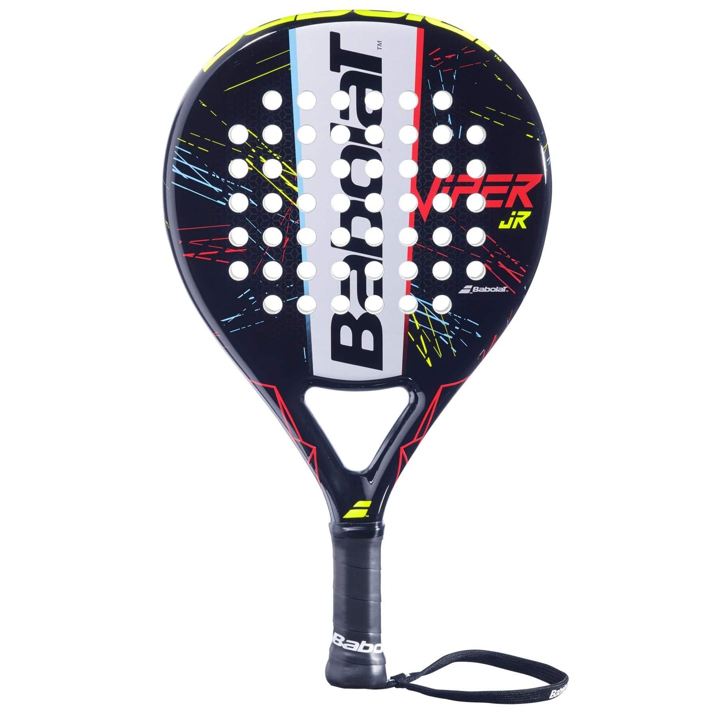 The Babolat Viper Junior Padel Racket features a teardrop shape, black design with colorful details, white perforated holes, and a wrist strap—perfect for young players seeking both performance and style.