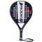 The Babolat Viper Junior Padel Racket features a teardrop shape, black design with colorful details, white perforated holes, and a wrist strap—perfect for young players seeking both performance and style.