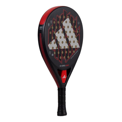 The adidas ADIDAS RX Series Light Padel Racket features a black and red design, large white adidas logo, perforated face, and black grip—ideal for players wanting a lightweight racket.