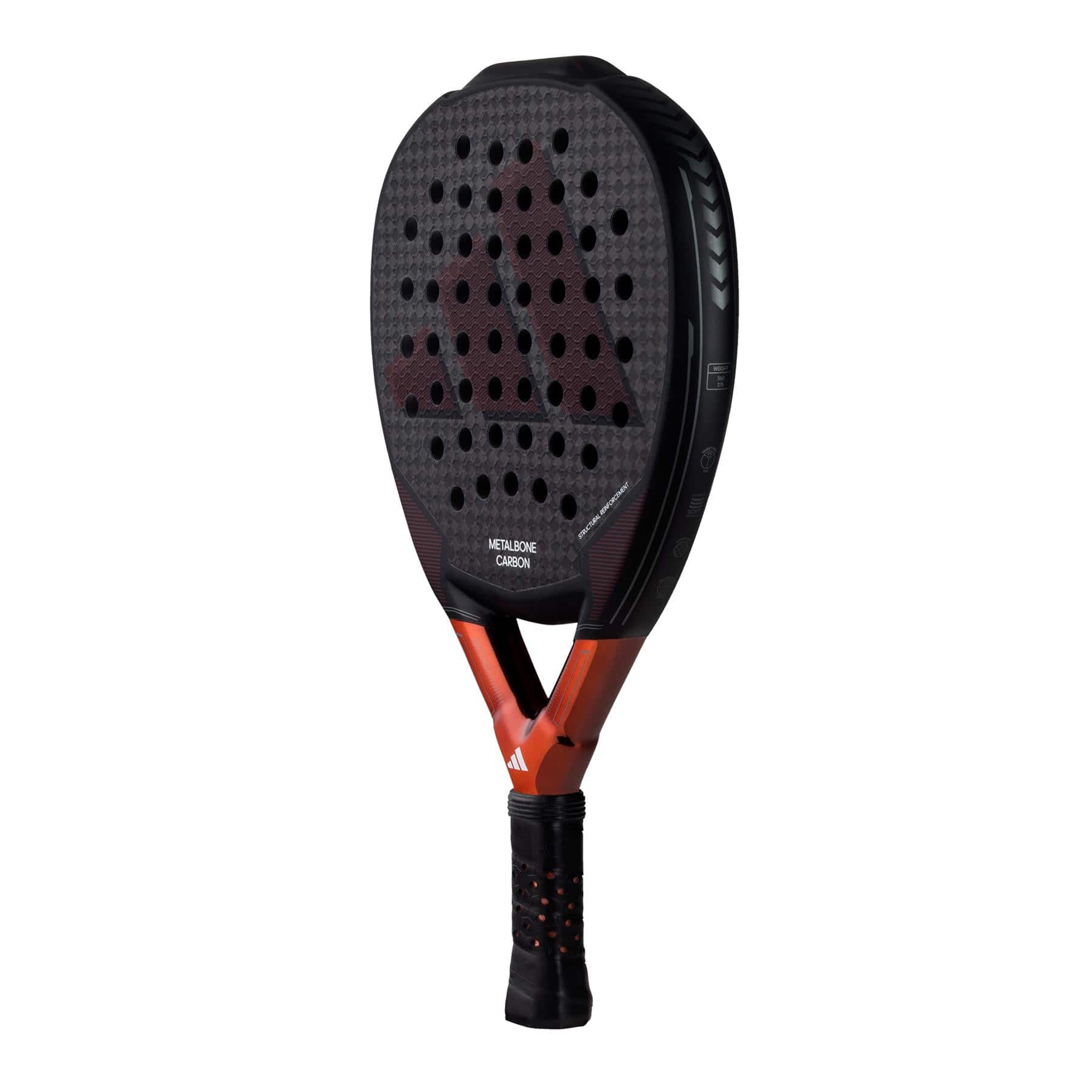A close-up of the adidas Metalbone Carbon 3.3 padel racket, featuring a perforated surface and adidas logo, designed for advanced players, shown on a white background.