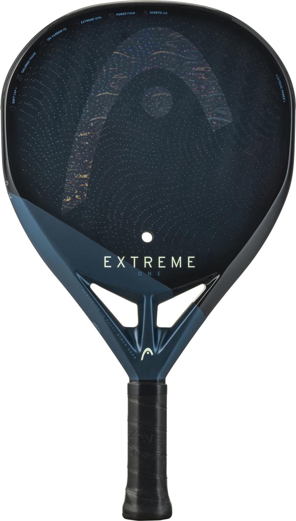 The HEAD Extreme One 2025 Padel Racket features a black and navy modern design, 12K carbon fibre build, minimal hole pattern, and textured surface for extreme spin, with "Extreme One" on the face.
