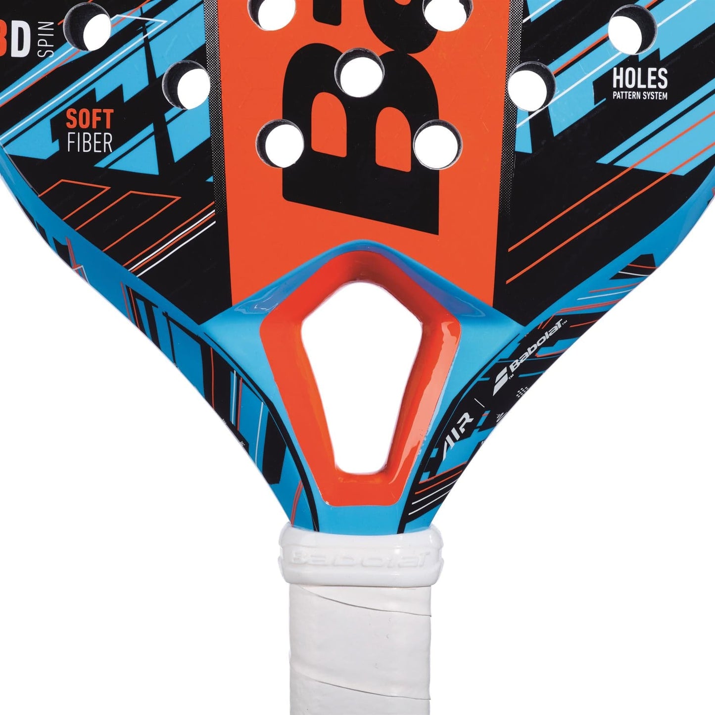 Close-up of the Babolat Air Vertuo Padel Racket by Babolat, showcasing a blue, orange, and black geometric design with a white grip. The lightweight racket features round holes and displays “Soft Fiber” and “Holes Pattern System” on its face.