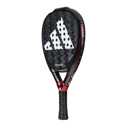 The adidas Metalbone 3.3 Padel Racket features a black design with a large white adidas logo, red accents, perforated surface, textured grip handle, and an adjustable weight system for advanced performance.