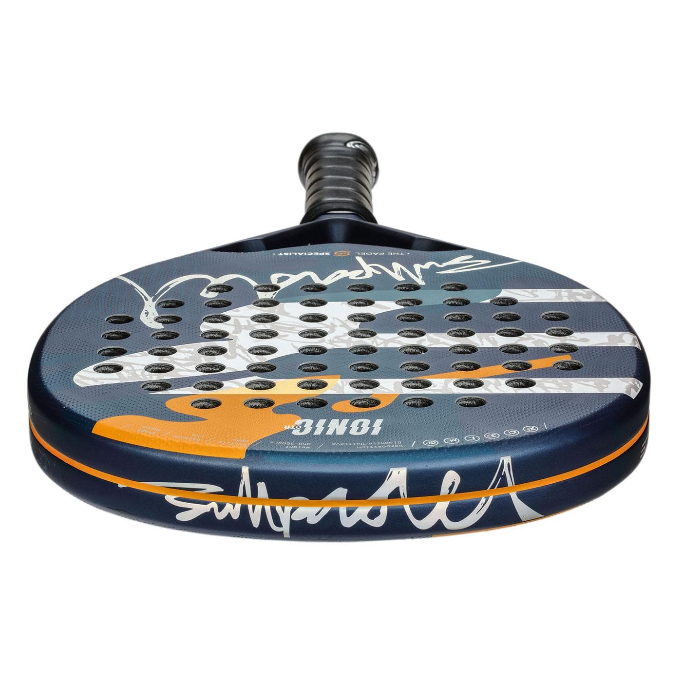 The Bullpadel Ionic Control 2025 padel racket by Bullpadel features a round shape, black handle, blue and orange face with white abstract designs, and multiple circular holes—ideal for intermediate to advanced players seeking control.