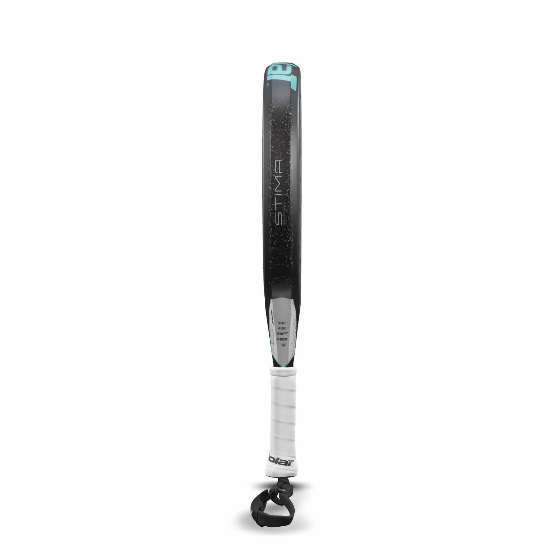 A black and teal Babolat Stima Energy padel racket with a white grip stands upright on its handle against a plain white background. The word "STIMA" is written vertically on the side.